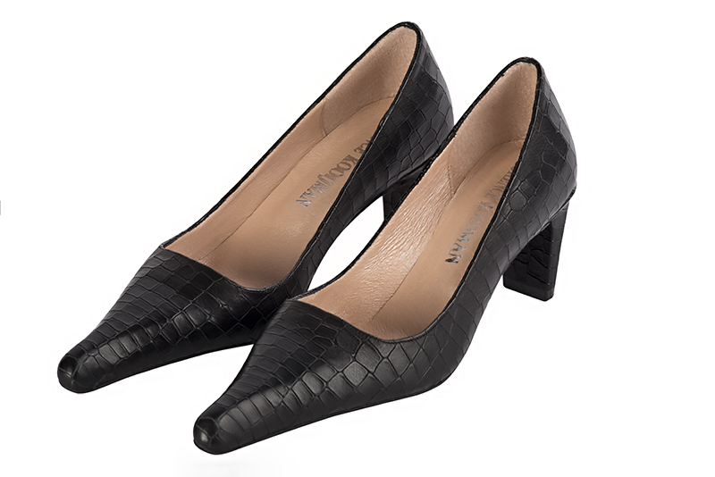Satin black women's dress pumps,with a square neckline. Pointed toe. Medium comma heels. Front view - Florence KOOIJMAN